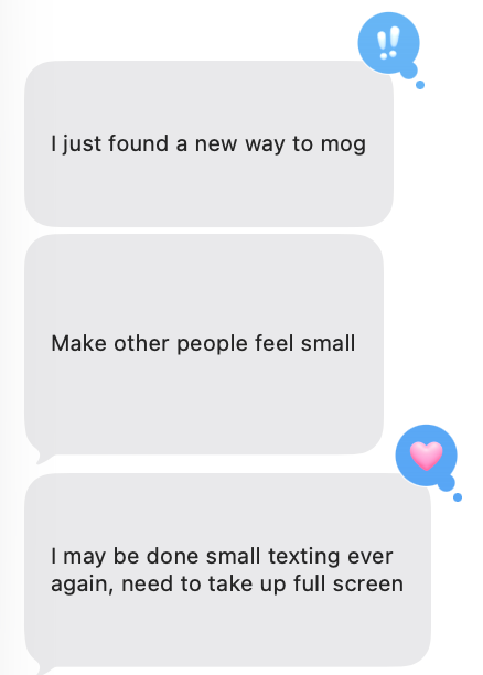 GetMogged chat message mock showing oversized mogged message bubbles